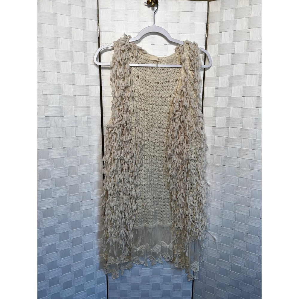 Ryu Anthropologie Boho Fringe Vest Cream Open Knit Lace Trim One Size
